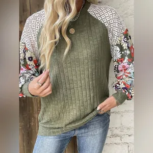 Olive Green Floral Patchwork Blouse Ribbed Lace Balloon Sleeve Whimsigoth XL thumbnail 4