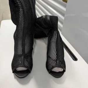Bamboo Black Fishnet Mesh Thigh High Boots Rose Gold Block Heel Open Toe Size 8 thumbnail 5