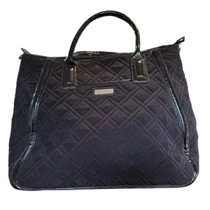 Vera Bradley Black Quilted Microfiber Tote‎ Bag Patent Trim Colorful Leaf Lining thumbnail 1