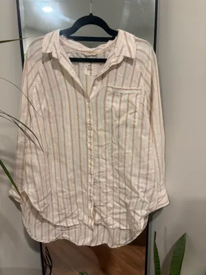 Aerie linen blend coverup shirt - tan and cream thumbnail 6