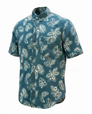 Bugle Boy Company Men's Short Sleeve Button-Down Shirt Teal Blue Floral Leaf thumbnail 1