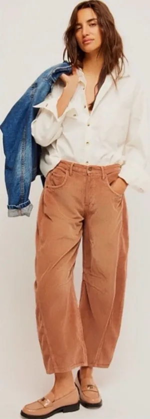 Free People Good Luck Cord Barrel Jeans Tan Brown Neutral Size 30 Corduroy thumbnail 1
