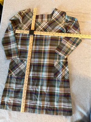 Green Plaid Shift Dress V-Neck Long Sleeve Patch Pockets Tartan Mini Dress thumbnail 1