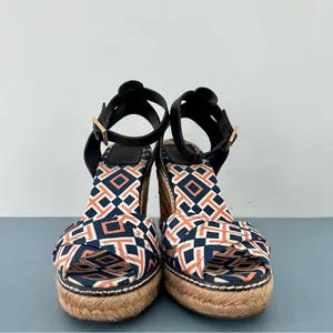 Tory Burch Criss Cross Blue & Orange‎ Canvas Espadrille Jute Wedge Sandals thumbnail 2
