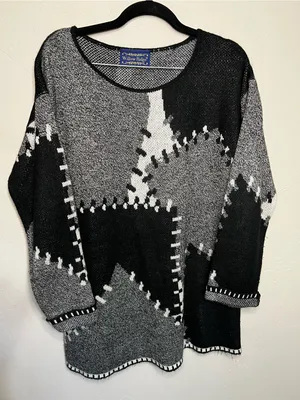 Willow Ridge Black Gray Patchwork Stitch Oversized Grandma Core Sweater Size M thumbnail 2