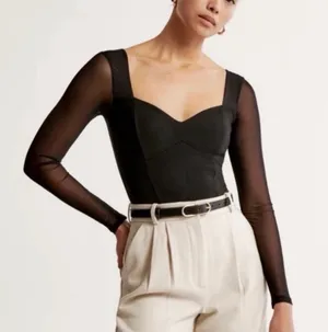 Abercrombie & Fitch Black Mesh Long Sleeve Bodysuit Size L NWT Sweetheart Neck thumbnail 1
