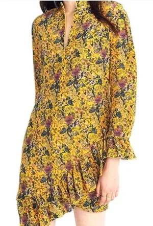 Madewell x Karen Walker Floral Print Dress Mock‎ Neck Long Sleeve Yellow Size 2 thumbnail 1