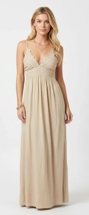 Tan Cotton Crochet Lace Trim Long Sleeveless Maxi Dress M thumbnail 1