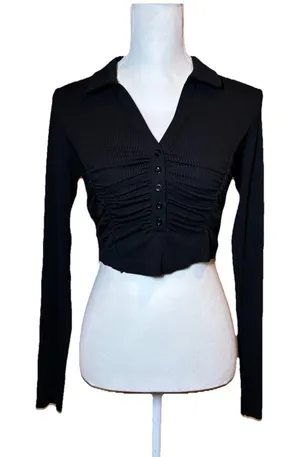 Princess Polly Black Ruched Button Front Crop Top Long Sleeve‎ Womens US 6 thumbnail 1