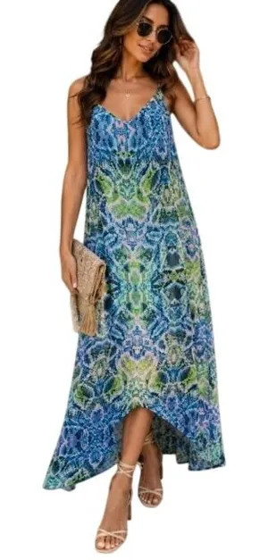 Show Me Your Mumu Taryn Strap Back Dress Womens M Blue Snakeskin‎ Asymmetrical thumbnail 1