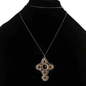Gold tone black cabochon fancy cross pendant necklace thumbnail 1