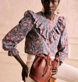 💕SEZANE💕 West Shirt Ranch Marine Multi-Color Paisley Floral Print FR 38 = US 6 thumbnail 1