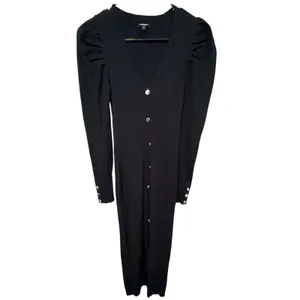 Express‎ Womens Black Ribbed Knit Puff Shoulder Gold Button Midi Dress Small thumbnail 2