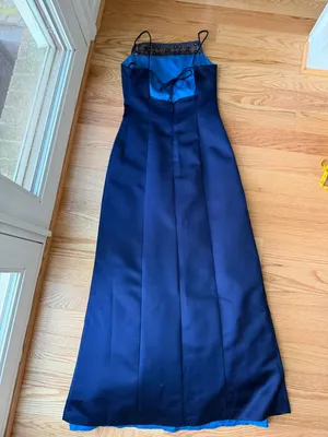 Vintage Y2K Alex Evenings Navy Satin Lace Sequin Open Back Maxi Dress Size 6 thumbnail 3