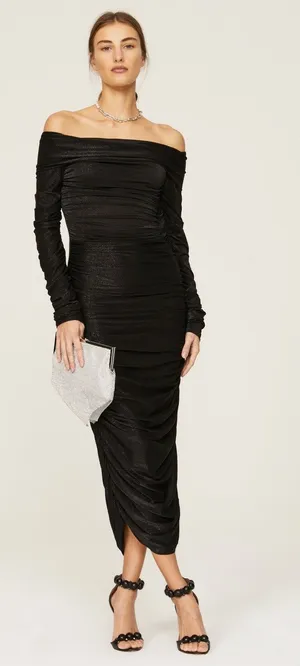 Bronx & Banco Amara Black Ruched Long Sleeve Off the Shoulder Midi Dress Size 4 thumbnail 1