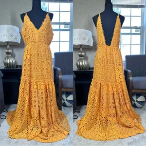 BHLDN x Free People Robinne Crochet Lace Maxi Dress Boho Yellow Orange Size M thumbnail 5