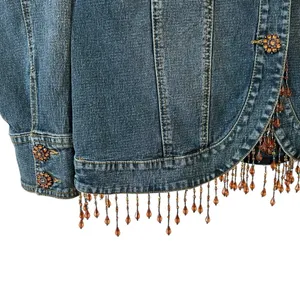 Diane Gilman Women’s Denim‎ Funky Boho Jacket Rhinestone Buttons Beaded Fringe thumbnail 4