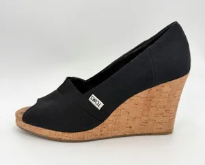 Toms Sandals Women’s 10M Black Classic Wedge Espadrille Cork Peep Toe Slip On thumbnail 1