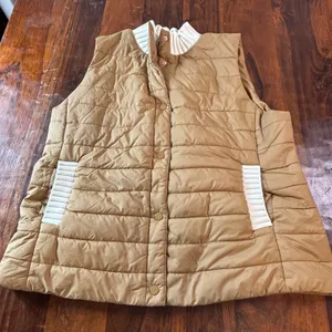J.‎ Jill Camel Brown Quilted Puffer Vest Ribbed Knit Trim Snap Front Womens L thumbnail 1