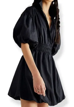 Free People Karolina Black‎ Cotton Mini Dress Puff Sleeve Bubble Hem XS Boho thumbnail 1