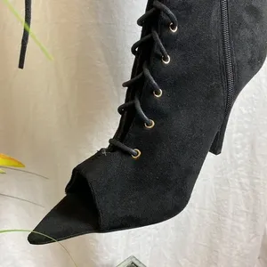 FTF Nadia Black Faux Suede Lace Up Thigh High Heel Boots 11 Wide thumbnail 5