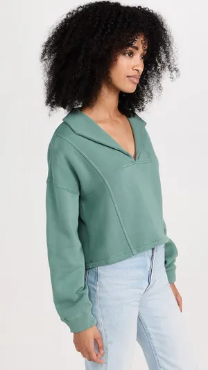 Z Supply Soho Fleece Cropped Relaxed Fit Collared Sweatshirt Calypso Green thumbnail 3