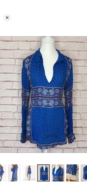 Free People Changing Times Tunic in Blue/Purple Paisley EUC Small. Oversize fit. No stretch. 100% rayon. Elastic and ruffle cuff. Deep v front. Split at hips. 19” bust 26-28” long thumbnail 4