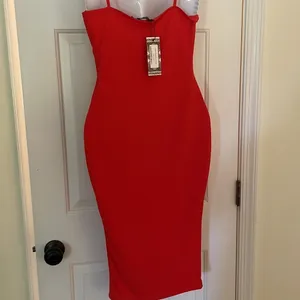 NWT boohoo red front tie knot bodycon scuba midi dress spaghetti straps thumbnail 4