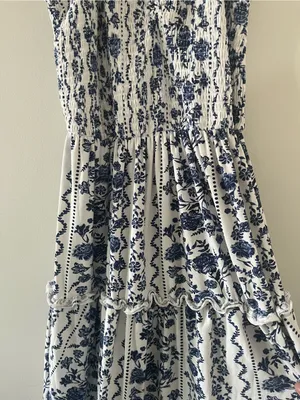 Blue White Floral Smocked Maxi Dress 1X Cottagecore Euro Summer Coastal Vacation thumbnail 4
