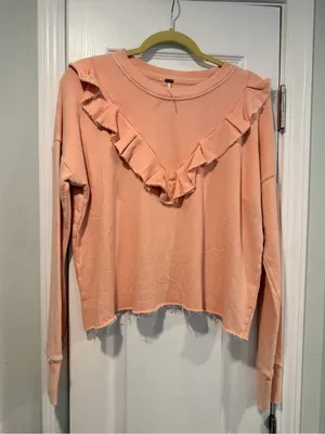 NWOT Free People Size S Pink Ooh La Ruffle Yoke Long Sleeve Raw Hem Sweatshirt thumbnail 1
