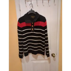 Ralph Lauren LRL Shawl Collar Sweater L Nautical Cotton Black Red Gold Buttons thumbnail 3