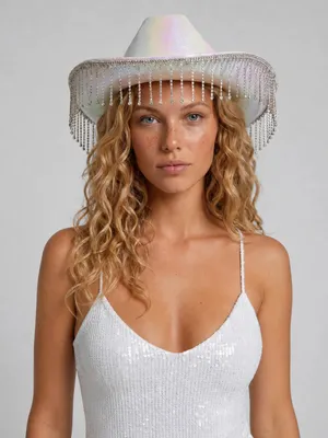Holographic Rhinestone Fringe Western Cowgirl Hat Festival costume Halloween thumbnail 1