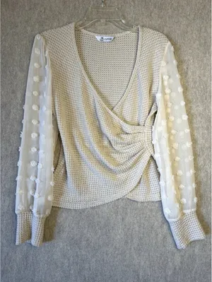 CUPSHE Wrap Waffle Knit Top Sheer Sleeve With Poms Beige Women’s Small thumbnail 1