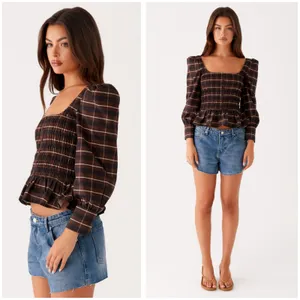 Peppermayo Joyce Long Sleeve Cotton Shirred Top Size 6 Chocolate Check Smocked thumbnail 8