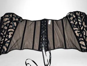 Black ornate leatherette design vintage steam punk style corset with mesh back thumbnail 10