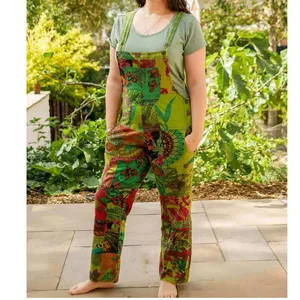 Dungarees L/XL Overalls Green Floral Patchwork Viscose Boho Hippie Stretch Artsy thumbnail 2