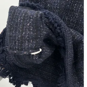 MNG Women Navy Blue‎ Metallic Tweed Knit Fringe Sweater Pullover Top Size Large thumbnail 9