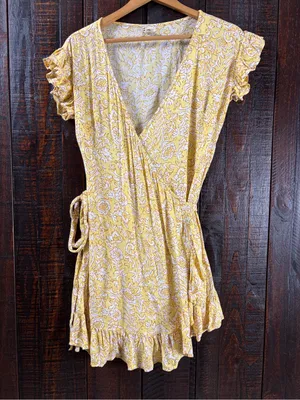Billabong Yellow Floral Wrap Ruffle Dress Small thumbnail 2