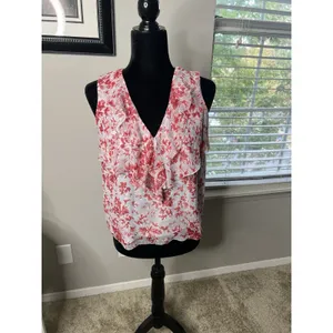 Intermix Red White Floral Silk‎ Ruffle Sleeveless Blouse Top Size Small thumbnail 9