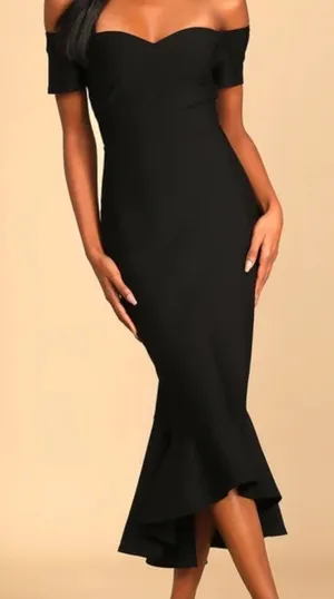 NWT Lulus How Much I Care Off-The-Shoulder Fishtail Midi Dress Black Size Small thumbnail 1