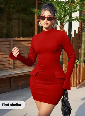 OYS Women's Long Sleeve Mock Turtle Neck Bodycon Mini Tank Short Party Dress thumbnail 1