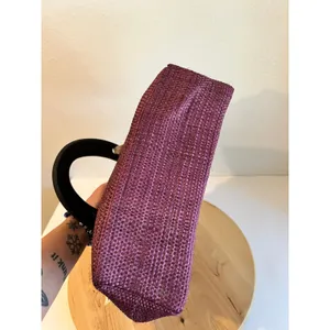 Purple Sisal Natural Fiber Wooden Handle Medium Top Handle Top Bag NEW thumbnail 6