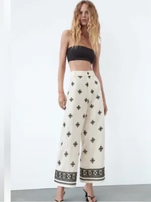 ZARA LINEN BLEND EMBROIDERED PANTS Ivory/ Black Size Large thumbnail 2
