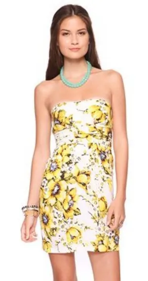 Forever 21 Flower Print Strapless Mini Dress Cream Yellow Sundress Womens L thumbnail 1