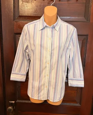 Sz L Sz LG Eddie Bauer Striped 3/4 Sleeve Button-Down Shirt thumbnail 1