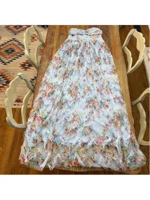 DressAlisa Light Blue Floral Mesh Tiered Ruffle Maxi Dress Strapless NWOT Large thumbnail 2