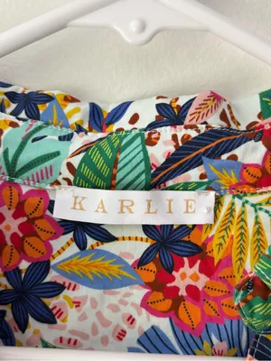 Karlie Mutli Floral Colorful Tropical Cotton Mini Dress Short Sleeve Faux Wrap thumbnail 3