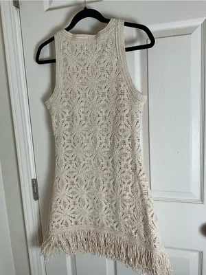 Zara Cream Crochet Knit Fringe Hem Mini Dress Size Small S NWT thumbnail 7