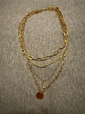 Layered 4- Strand Gold-Tone Multi-Chain Necklace with Amber Pendant thumbnail 2