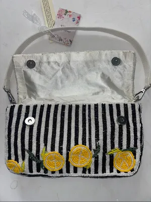 Black And White Stripe Beaded Bag With Lemon Design Double Snap Closure Nwts thumbnail 7